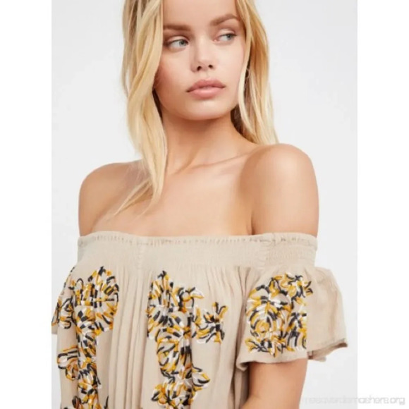 Free People Strapless Flowy Jumpsuit Boho Embroidery Prairie Dress Romper Flower - Picture 2 of 10